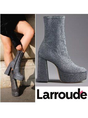 Larroude Dolly Platform Sock Boots Size 6 Silver Stretch Lurex NEW
